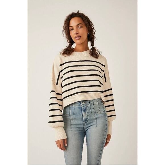 Free People Easy Street Stripe Crop Pullover Large Cream Black  Coastal Preppy - Picture 14 of 16